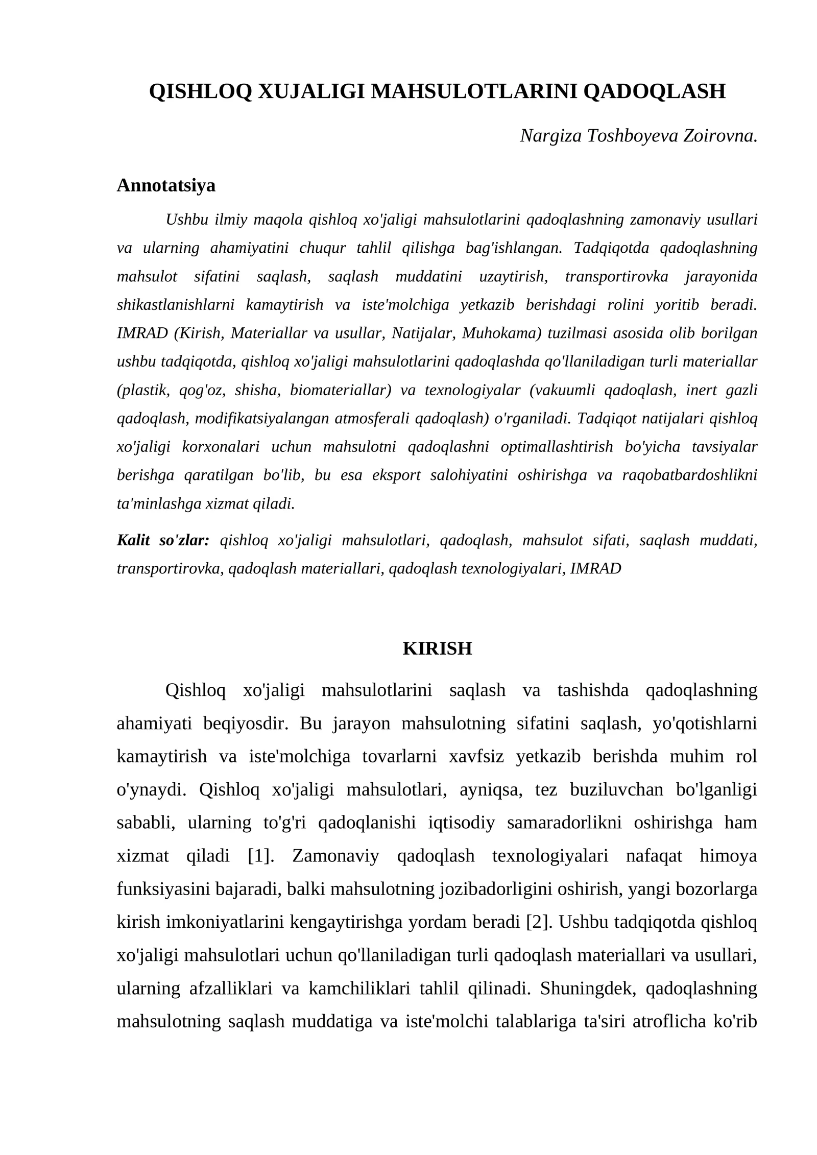 QISHLOQ XUJALIGI MAHSULOTLARINI QADOQLASH