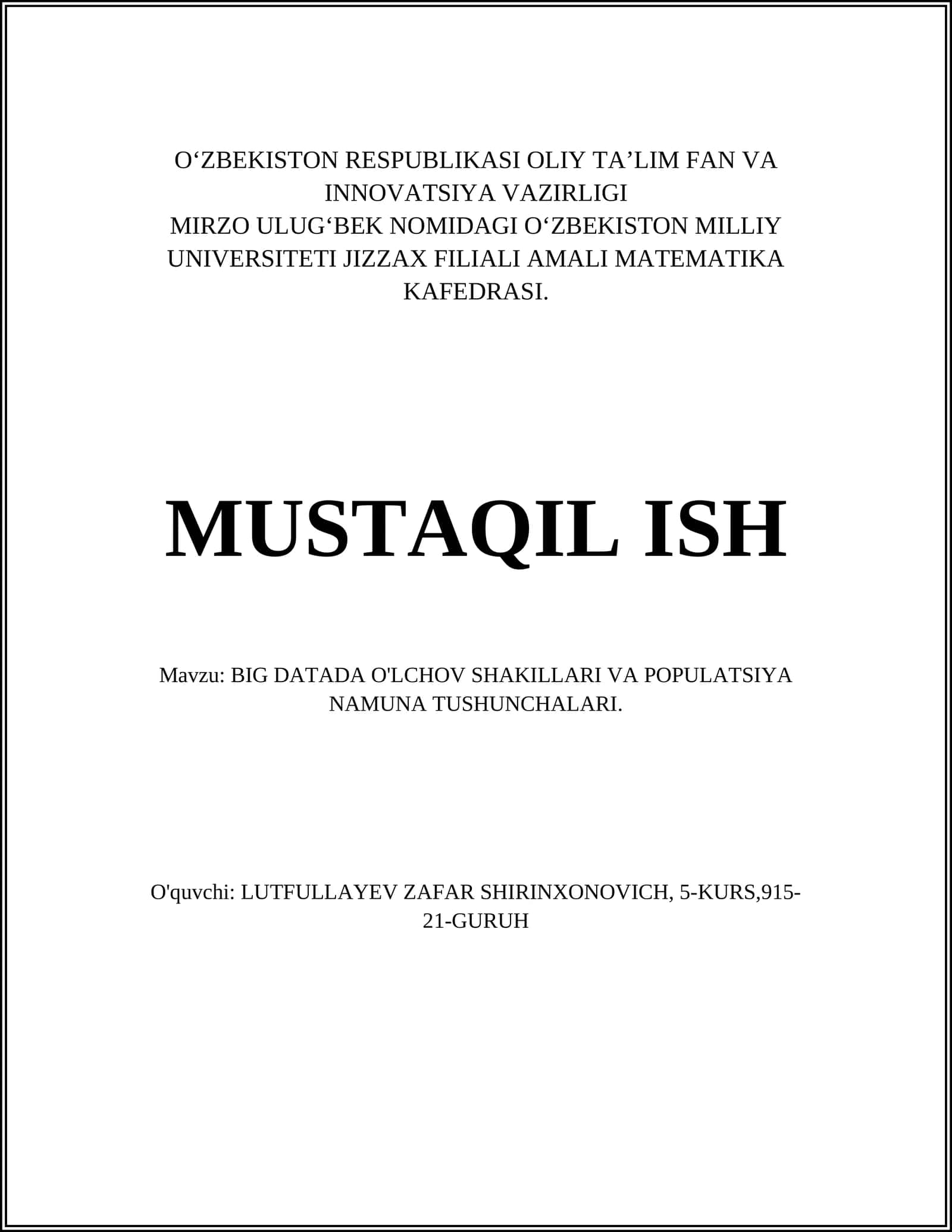 BIG DATADA O'LCHOV SHAKILLARI VA POPULATSIYA NAMUNA TUSHUNCHALARI