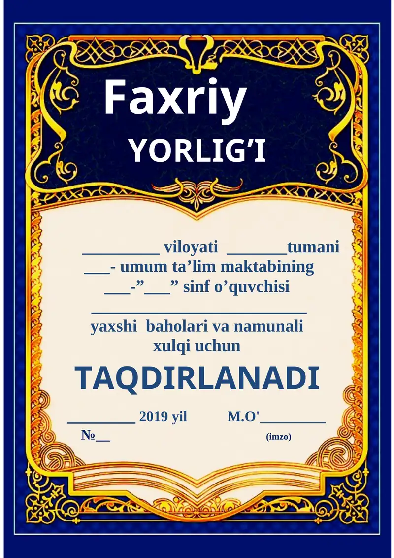 Faxriy YORLIG’I Faxriy yorliq shablon Word