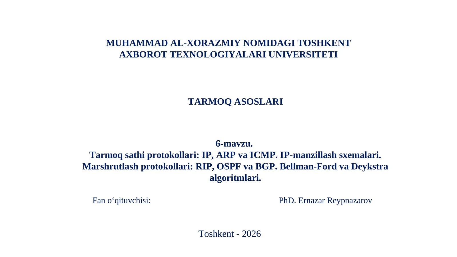 Tarmoq sathi protokollari: IP, ARP va ICMP