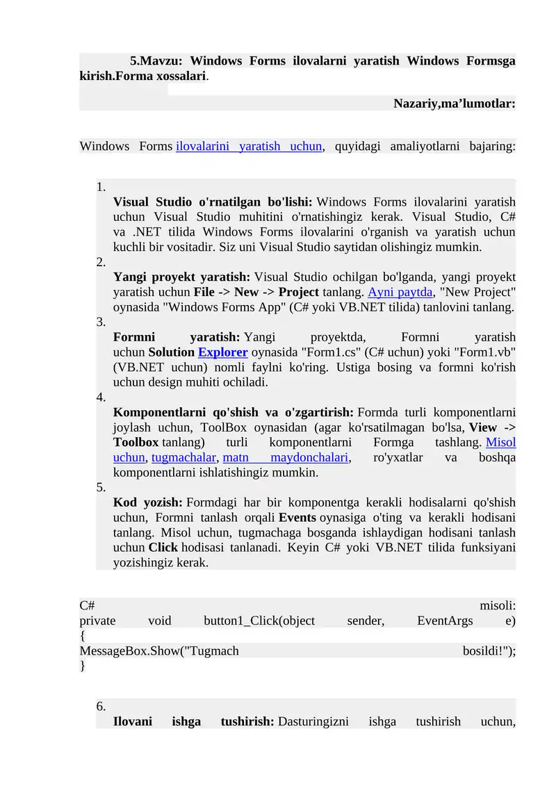 Windows Forms ilovalarni yaratish