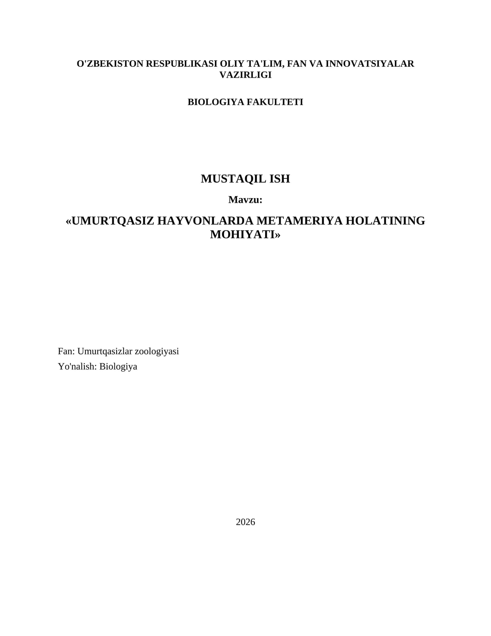 UMURTQASIZ HAYVONLARDA METAMERIYA HOLATINING MOHIYATI