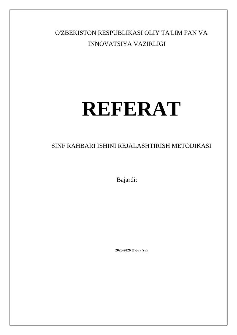 Sinf Rahbari Ishini Rejalashtirish Metodikasi