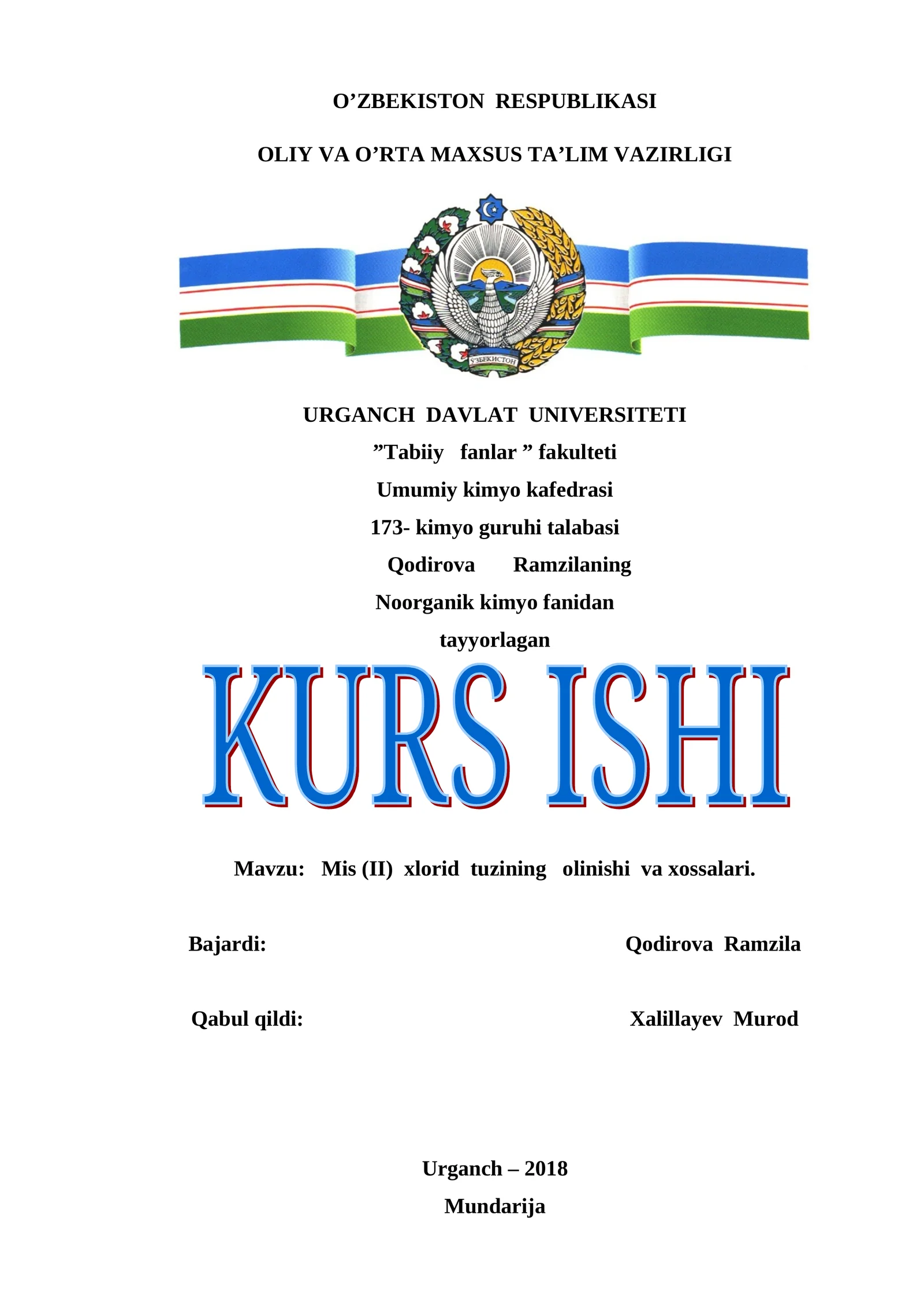 Mis (II) xlorid tuzining olinishi va xossalari