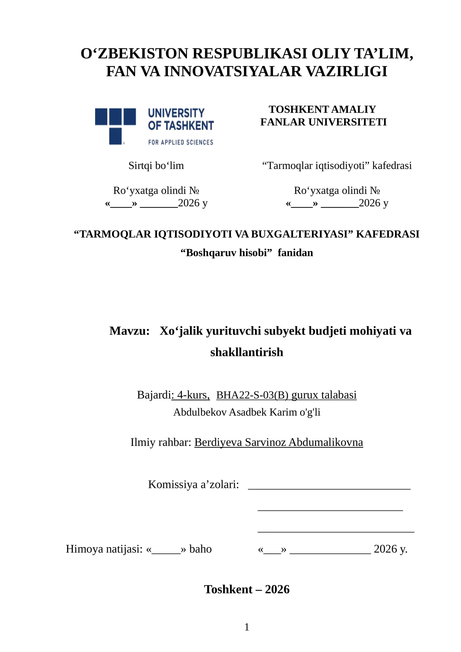 KURS ISHI - Xo‘jalik yurituvchi subyekt budjeti mohiyati va shakllantirish