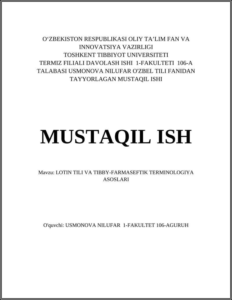 LOTIN TILI VA TIBBY-FARMASEFTIK TERMINOLOGIYA ASOSLARI