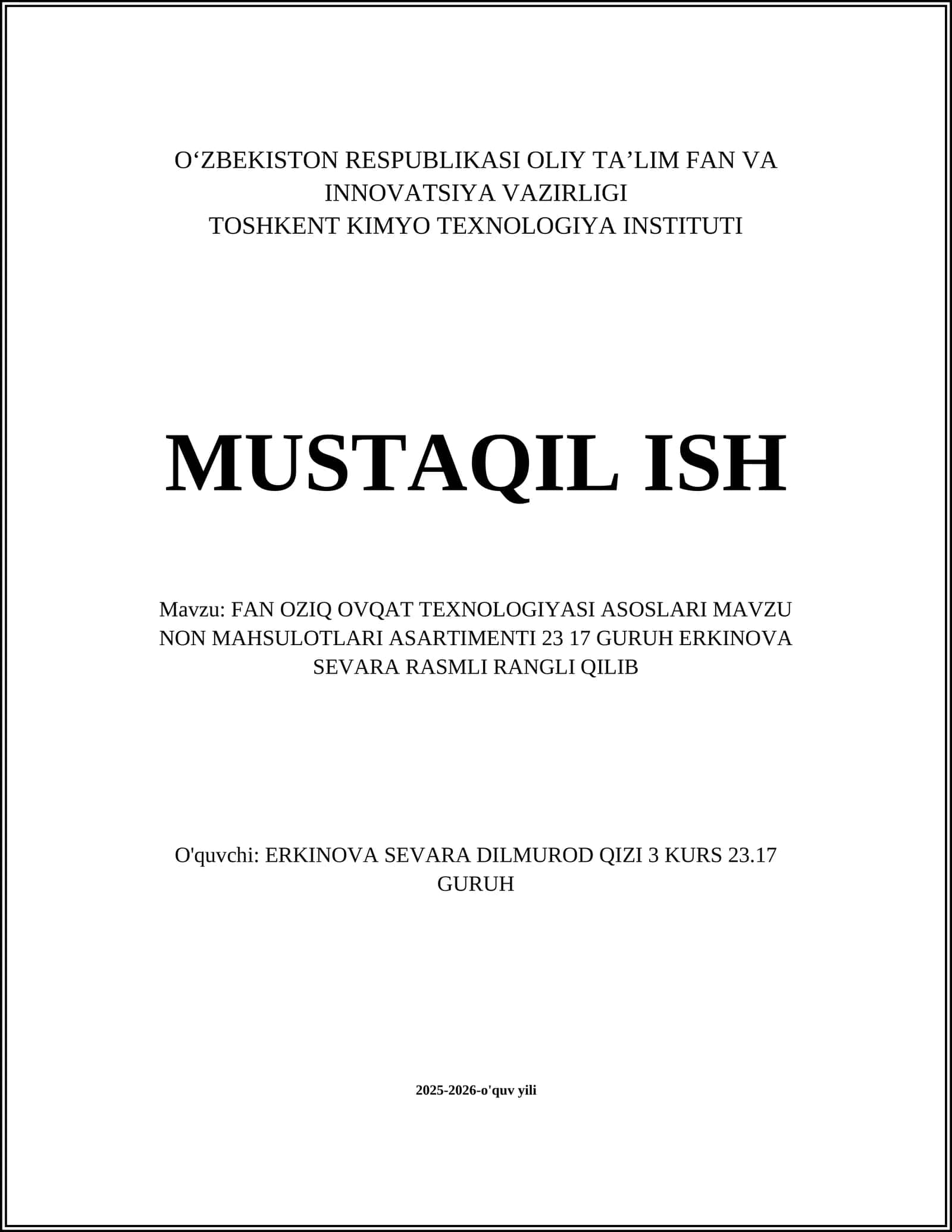 FAN OZIQ OVQAT TEXNOLOGIYASI ASOSLARI