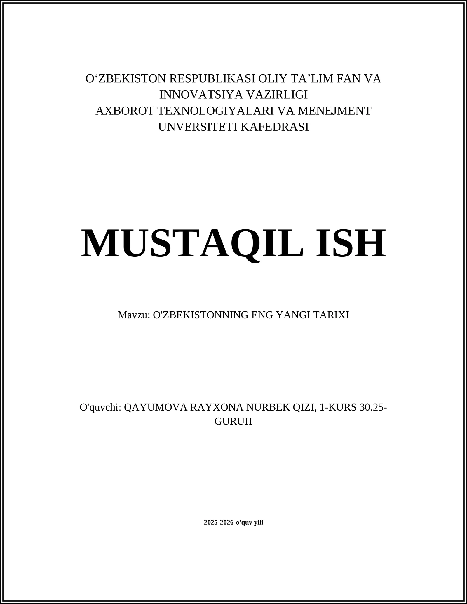 O'ZBEKISTONNING ENG YANGI TARIXI
