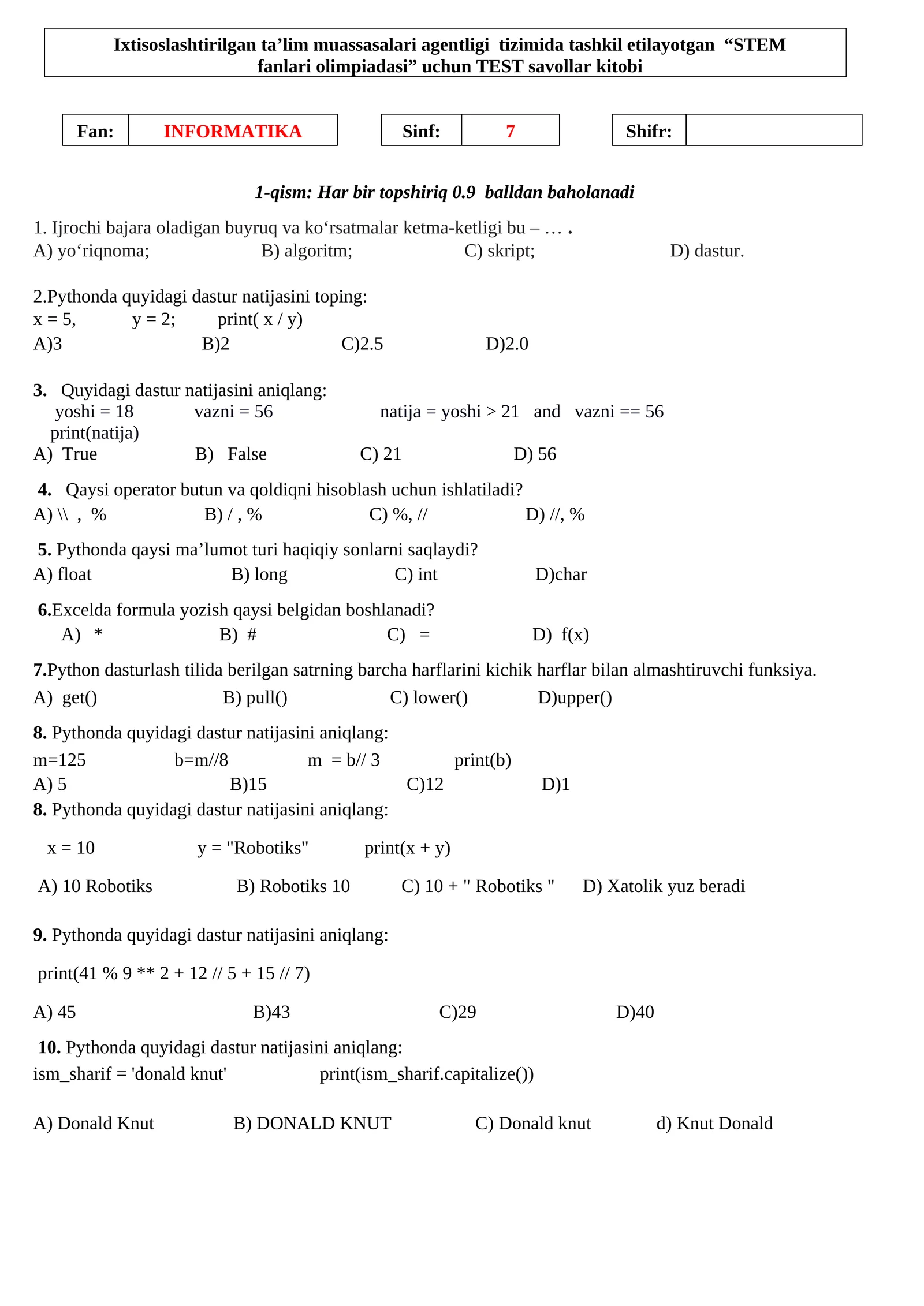 STEM fanlari olimpiadasi uchun TEST savollar kitobi