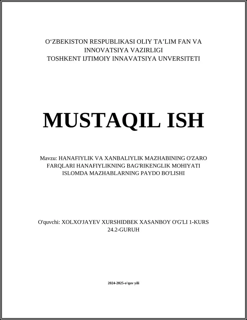 Hanafiylik va Xanbaliylik Mazhabi Farqlari