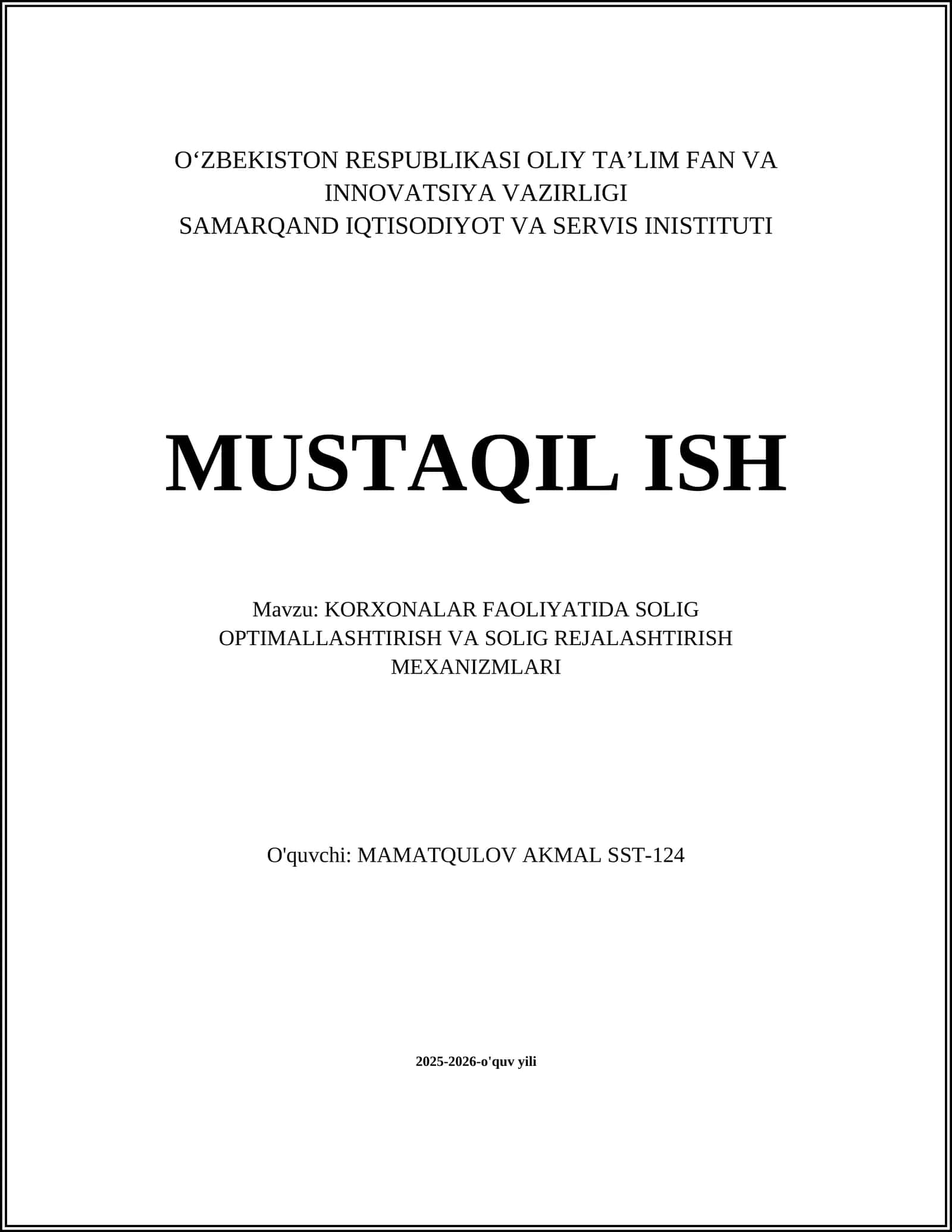KORXONALAR FAOLIYATIDA SOLIG OPTIMALLASHTIRISH VA SOLIG REJALASHTIRISH MEXANIZMLARI