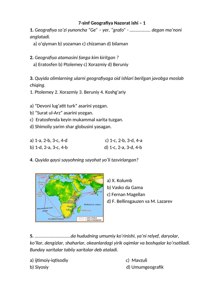 7-sinf Geografiya Nazorat ishi – 1