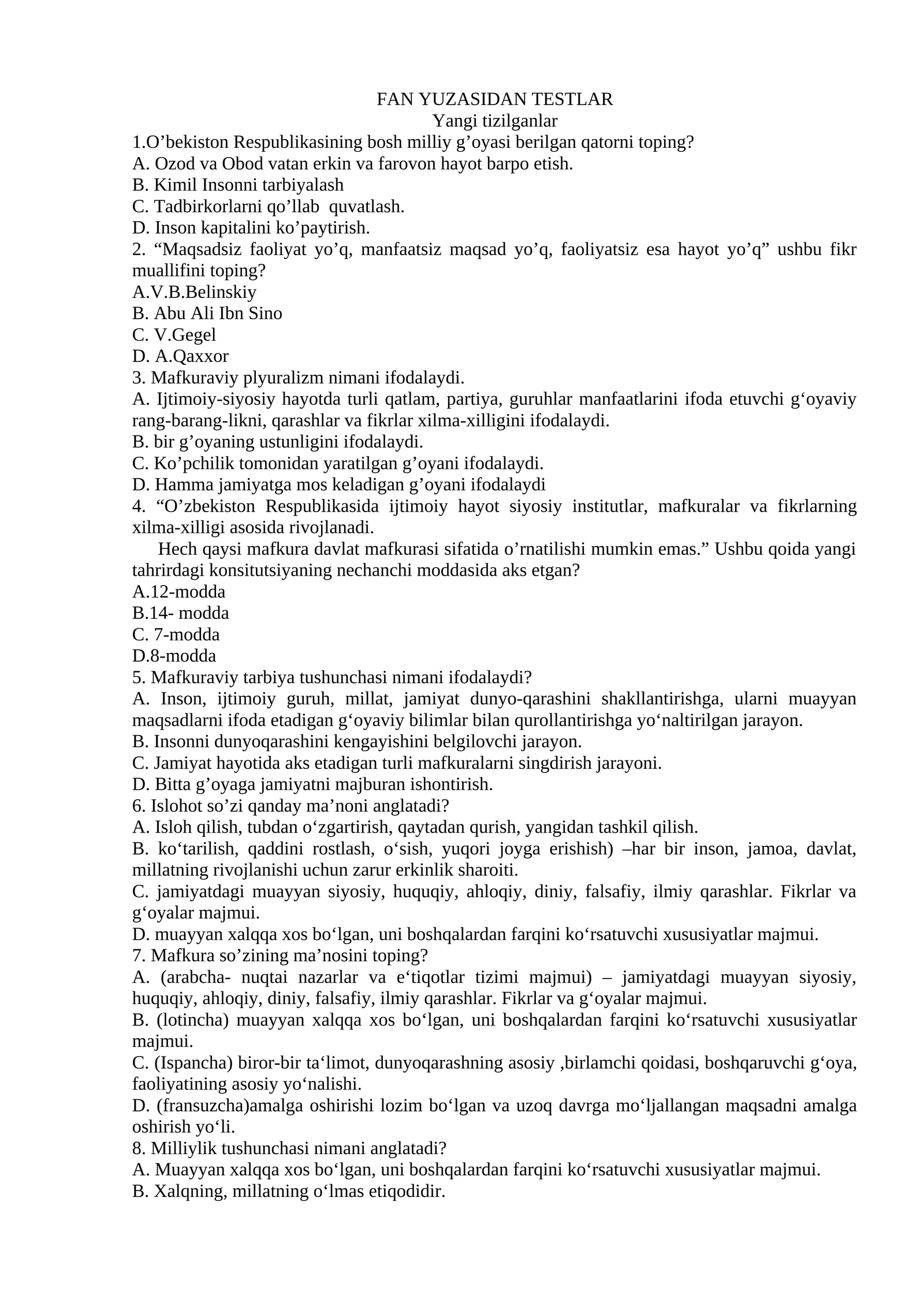 FAN YUZASIDAN TESTLAR