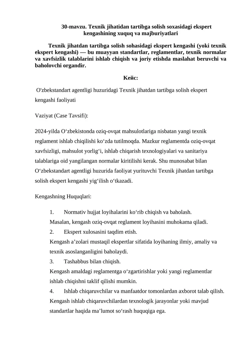 Texnik jihatdan tartibga solish sohasidagi ekspert kengashi faoliyati