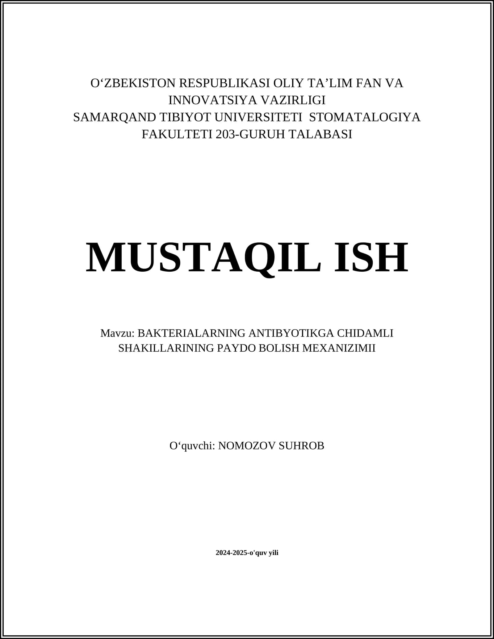 BAKTERIALARNING ANTIBYOTIKGA CHIDAMLI SHAKILLARINING PAYDO BOLISH MEXANIZIMII