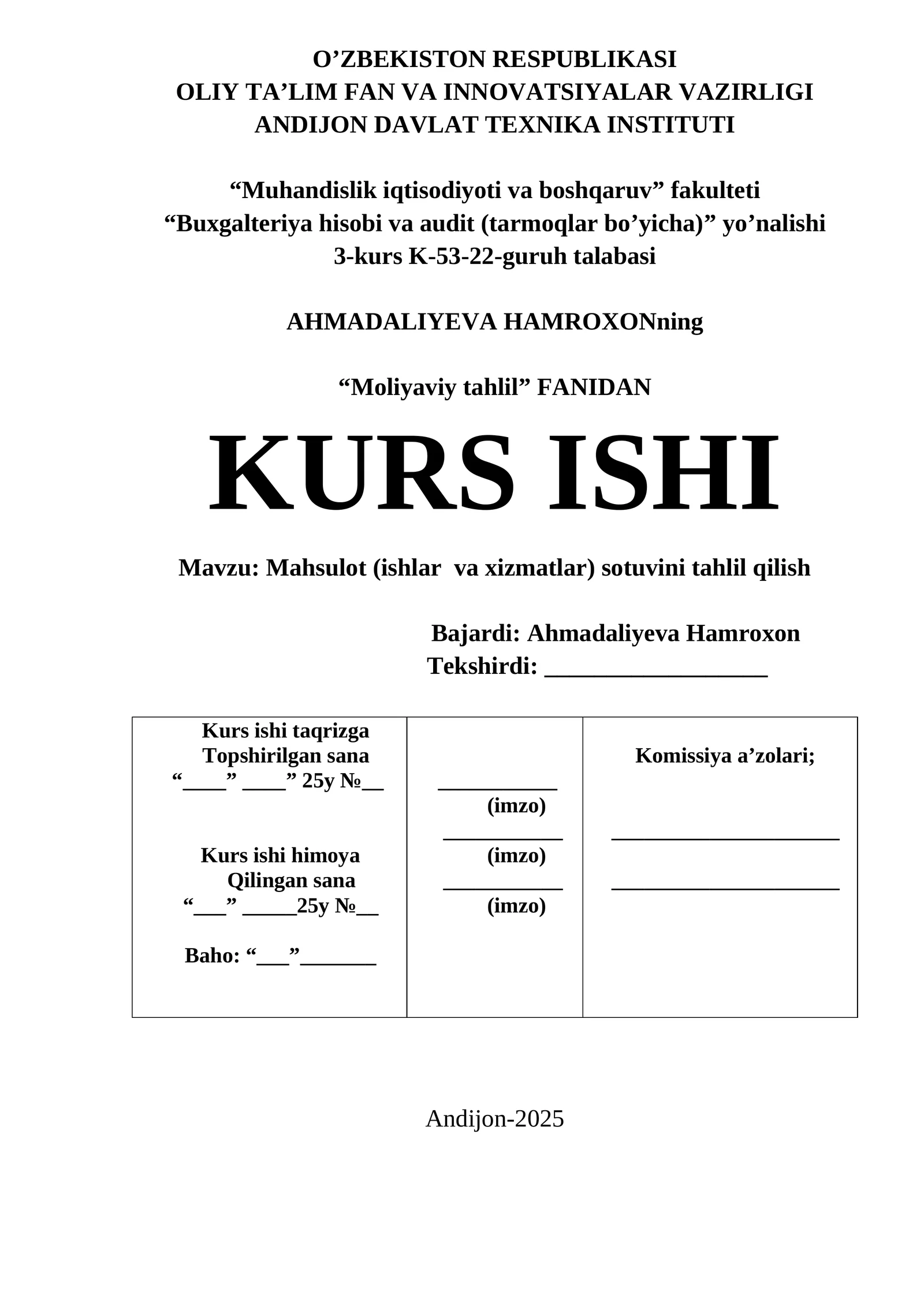 Mahsulot (ishlar va xizmatlar) sotuvini tahlil qilish
