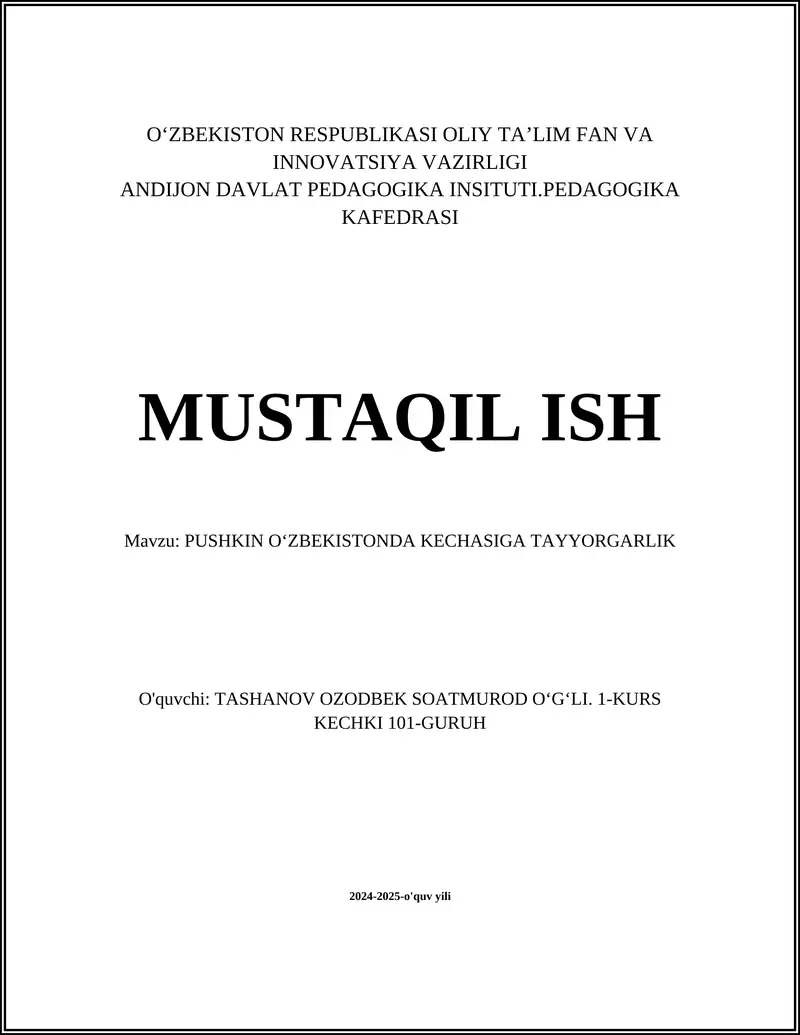 PUSHKIN OʻZBEKISTONDA KECHASIGA TAYYORGARLIK