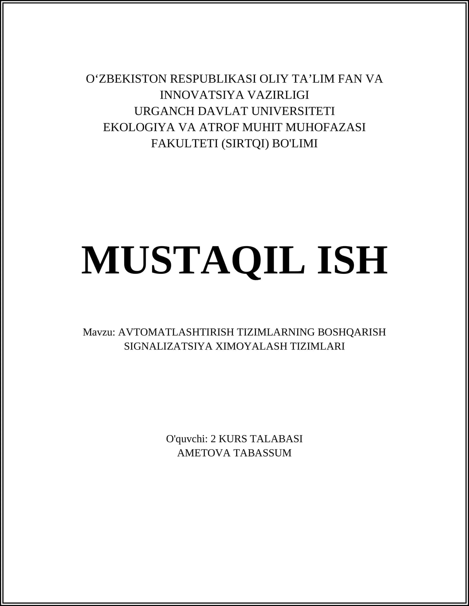AVTOMATLASHTIRISH TIZIMLARNING BOSHQARISH SIGNALIZATSIYA XIMOYALASH TIZIMLARI