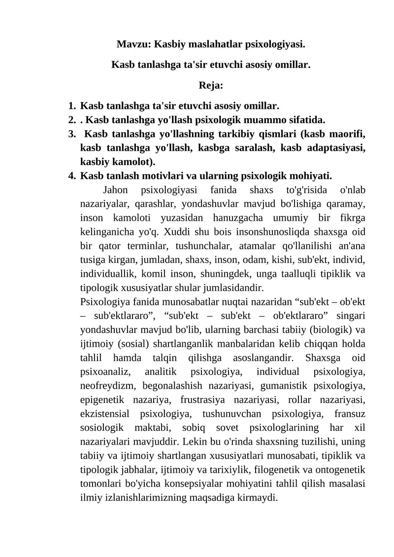 Kasbiy maslahatlar psixologiyasi.