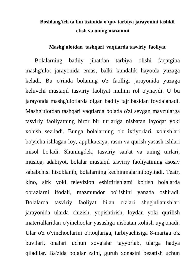 Bolalarda Tasviriy Faoliyatning Rolini Oshirish