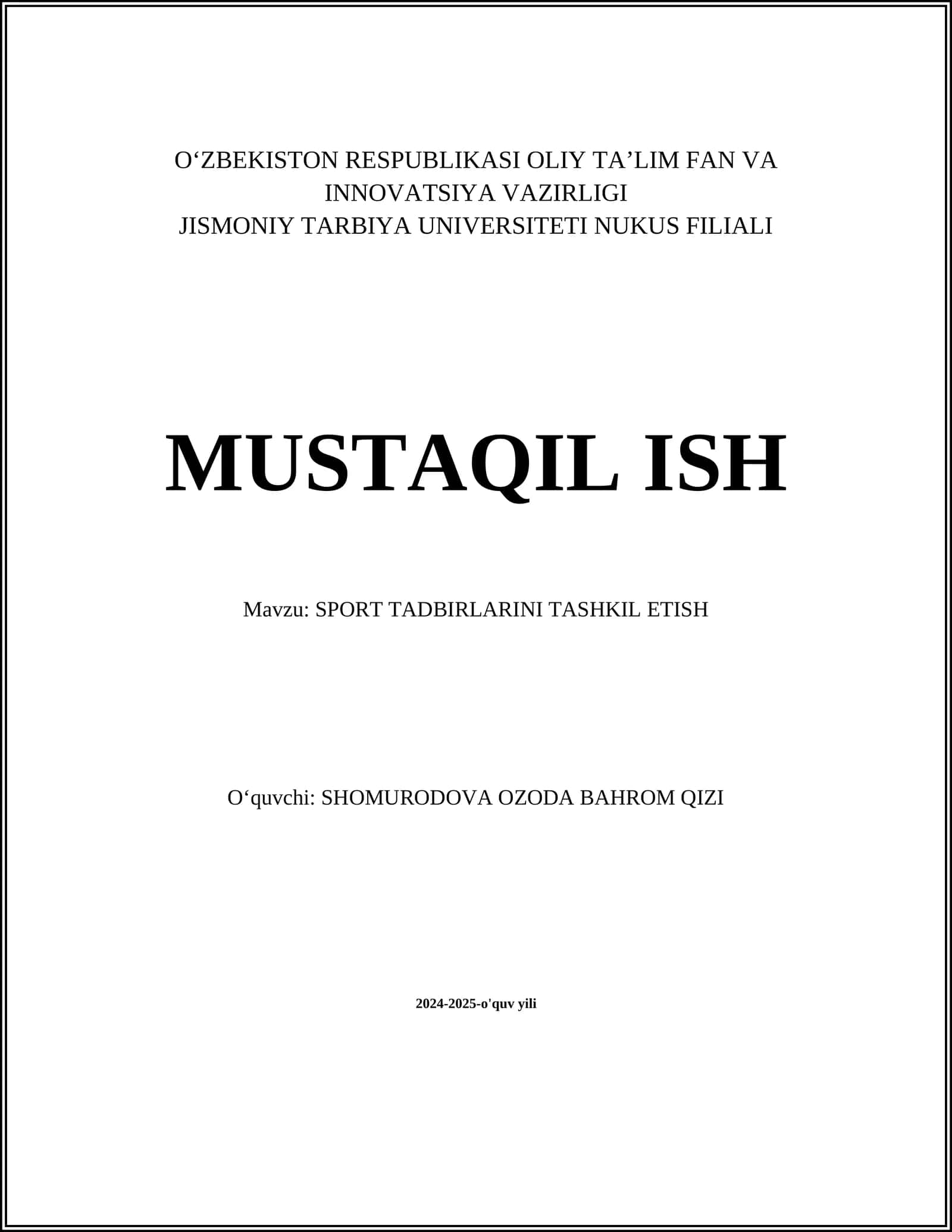 SPORT TADBIRLARINI TASHKIL ETISH