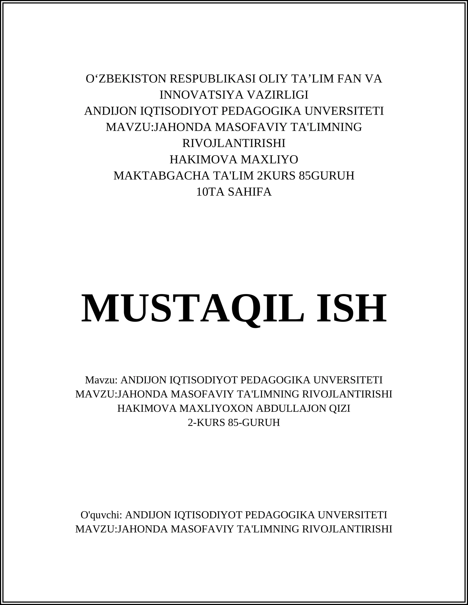 JAHONDA MASOFAVIY TA'LIMNING RIVOJLANTIRISHI