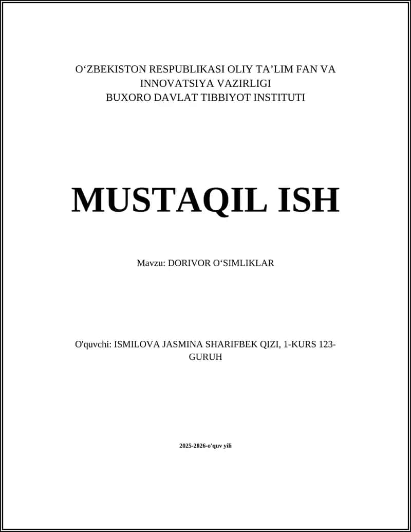 Dorivor o‘simliklarning ta’rifi va klassifikatsiyasi