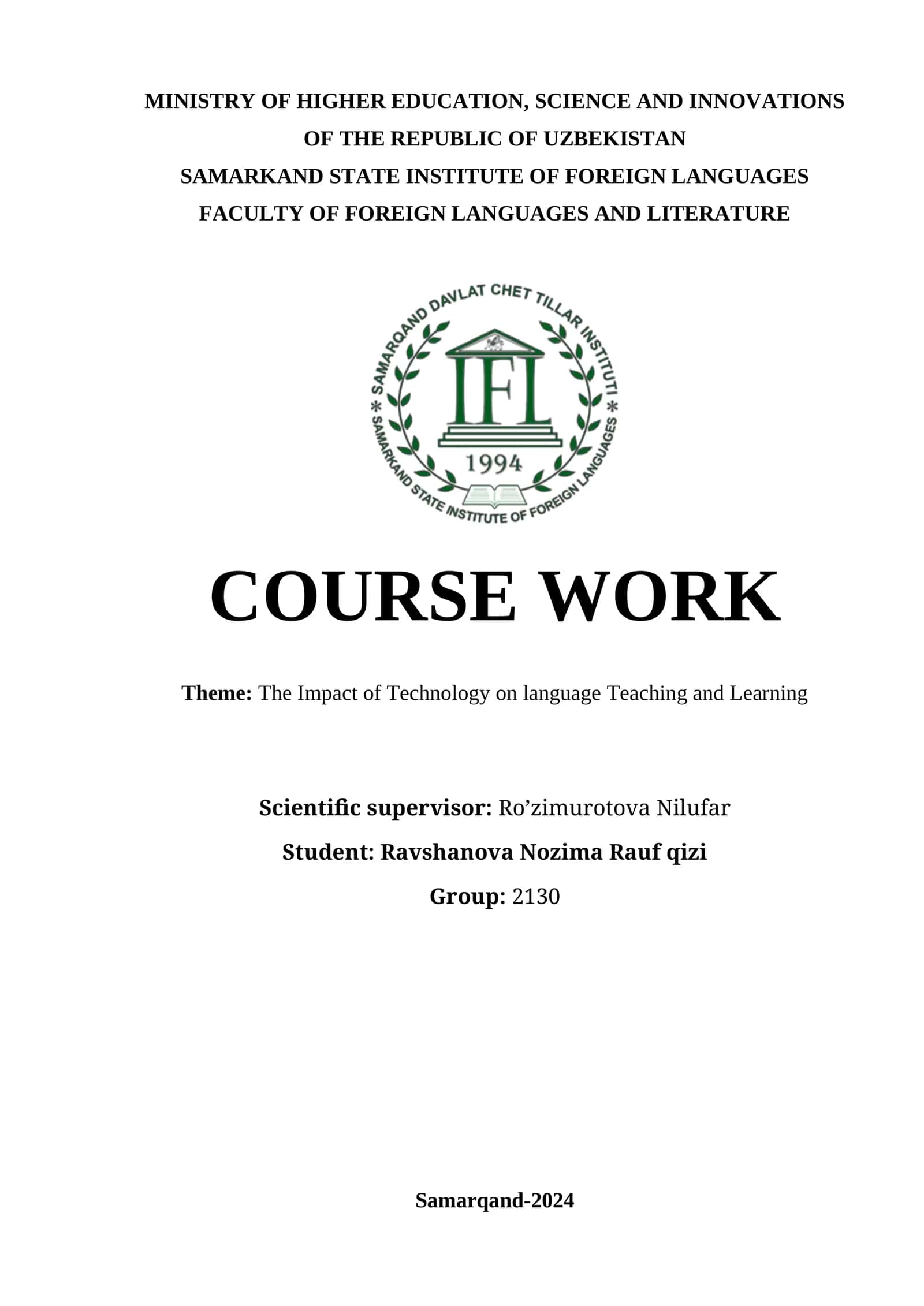 Course Work on "The Impact of Technology on Language Teaching and Learning"