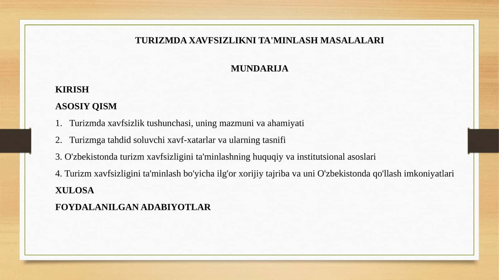 TURIZMDA XAVFSIZLIKNI TA'MINLASH MASALALARI