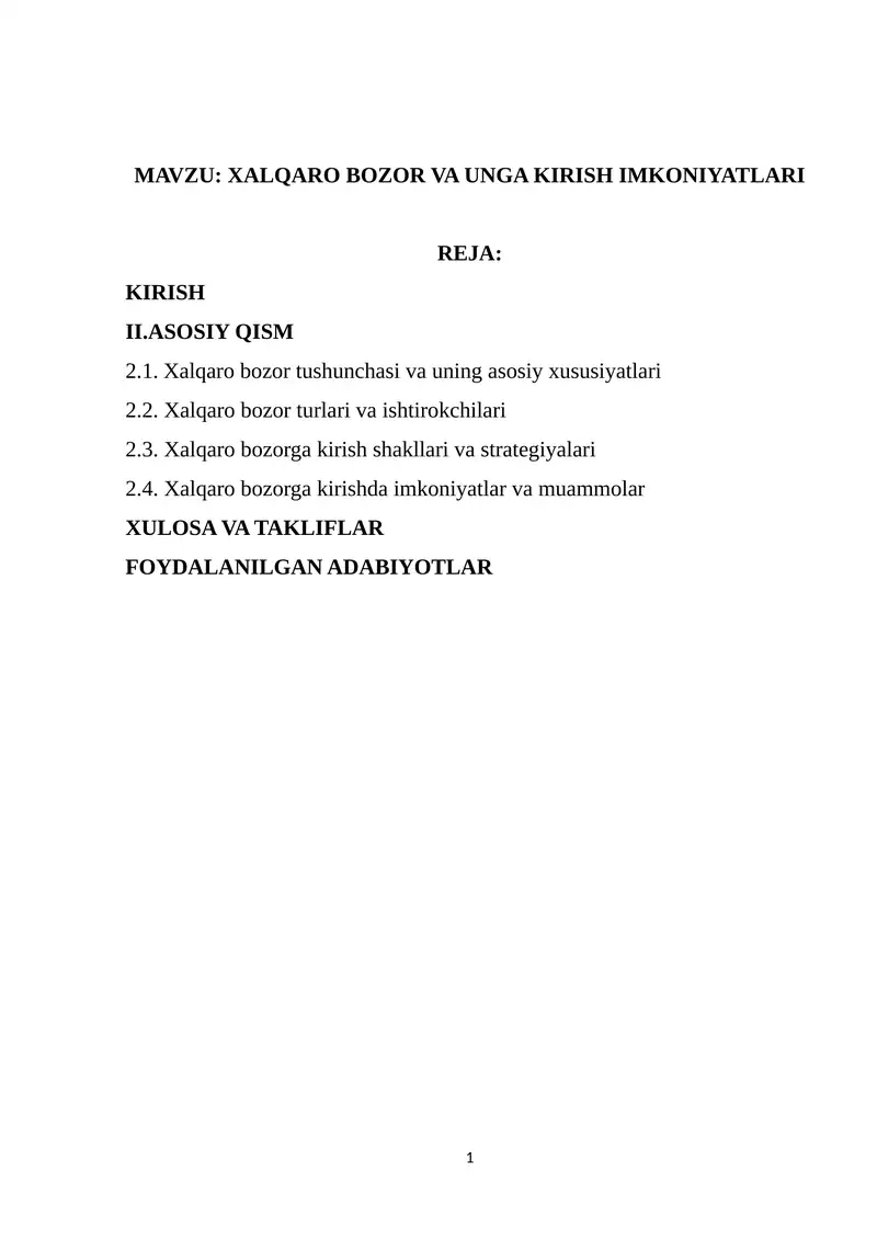 Xalqaro Bozor va unga Kirish Imkoniyatlari