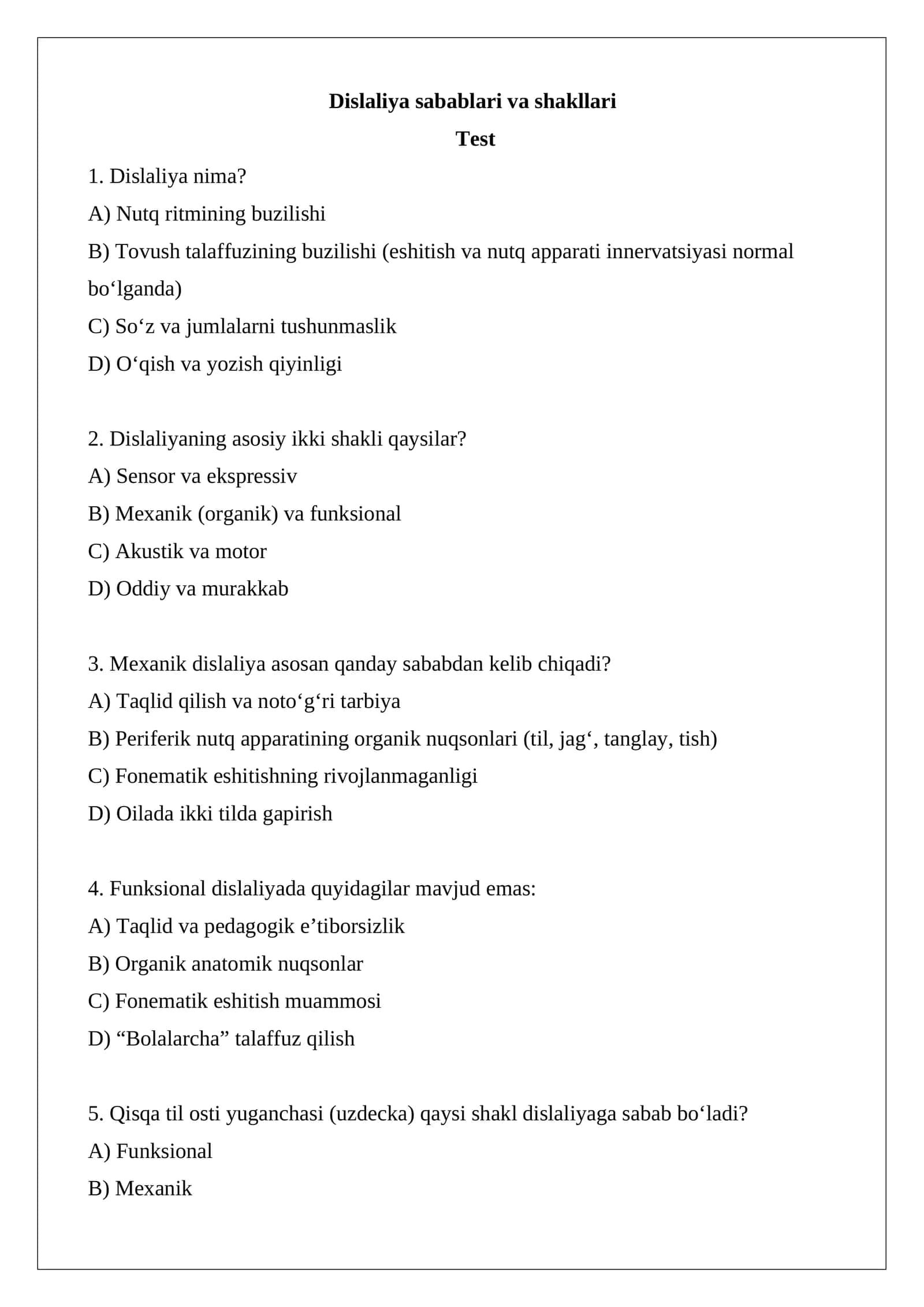 Dislaliya sabablari va shakllari