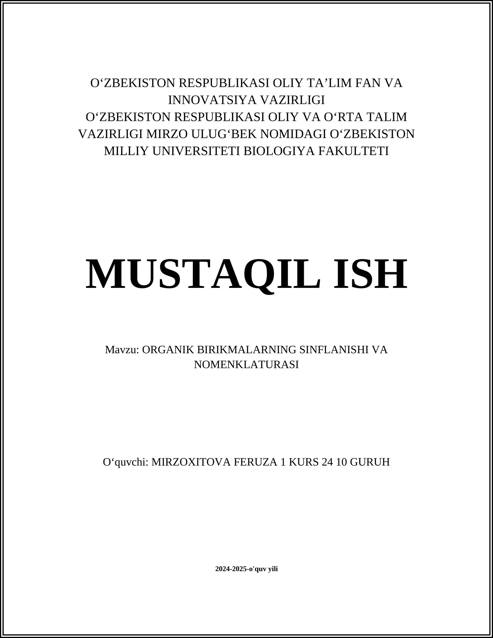 ORGANIK BIRIKMALARNING SINFLANISHI VA NOMENKLATURASI