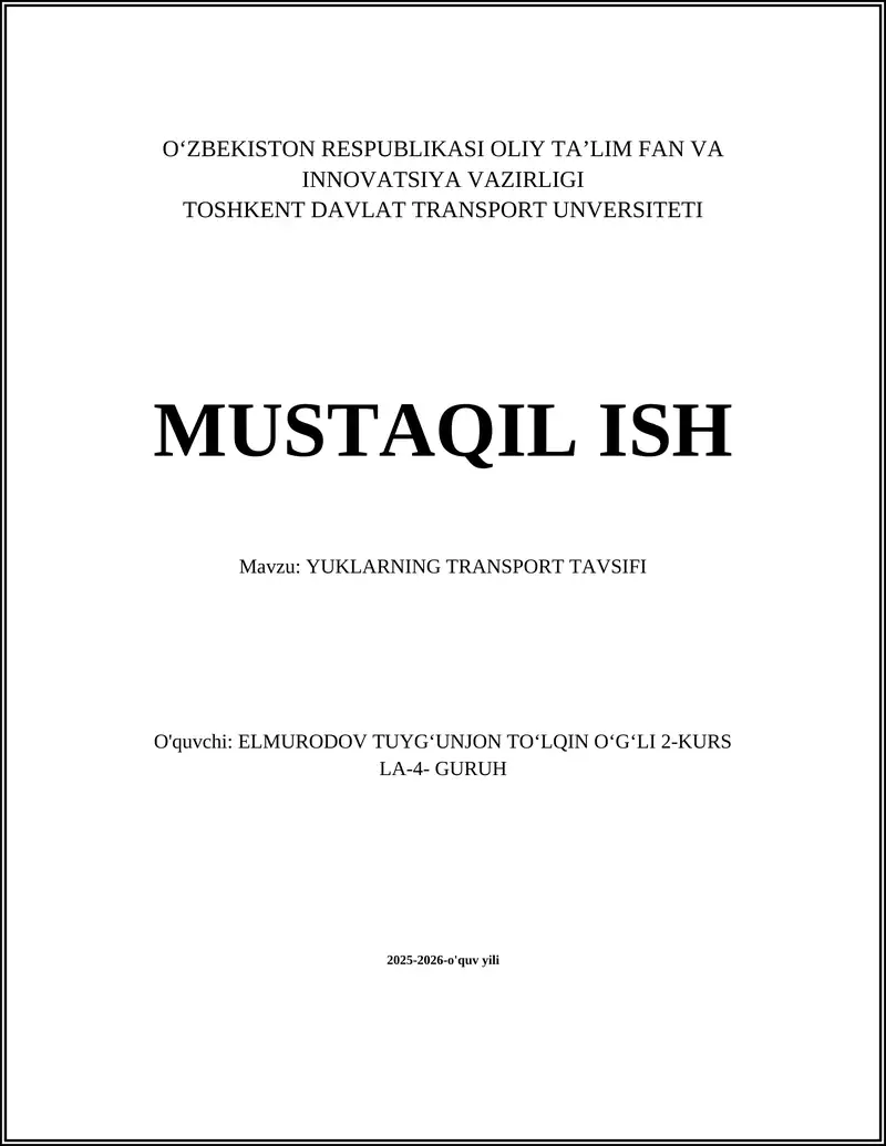 Yuklarning transport tavsifi