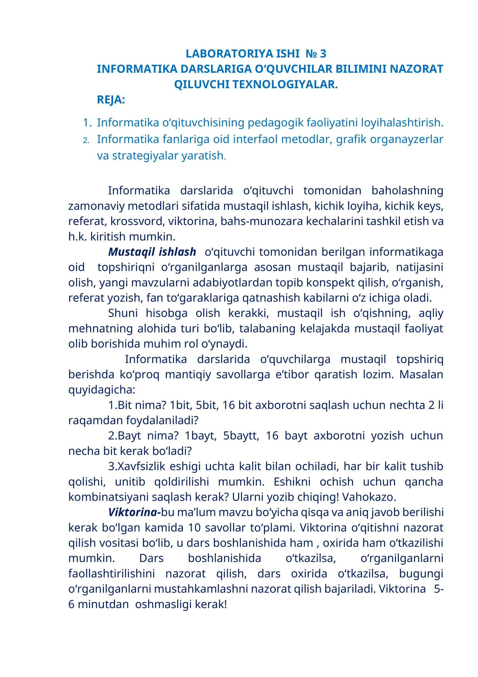 INFORMATIKA DARSLARIGA O‘QUVCHILAR BILIMINI NAZORAT QILUVCHI TEXNOLOGIYALAR