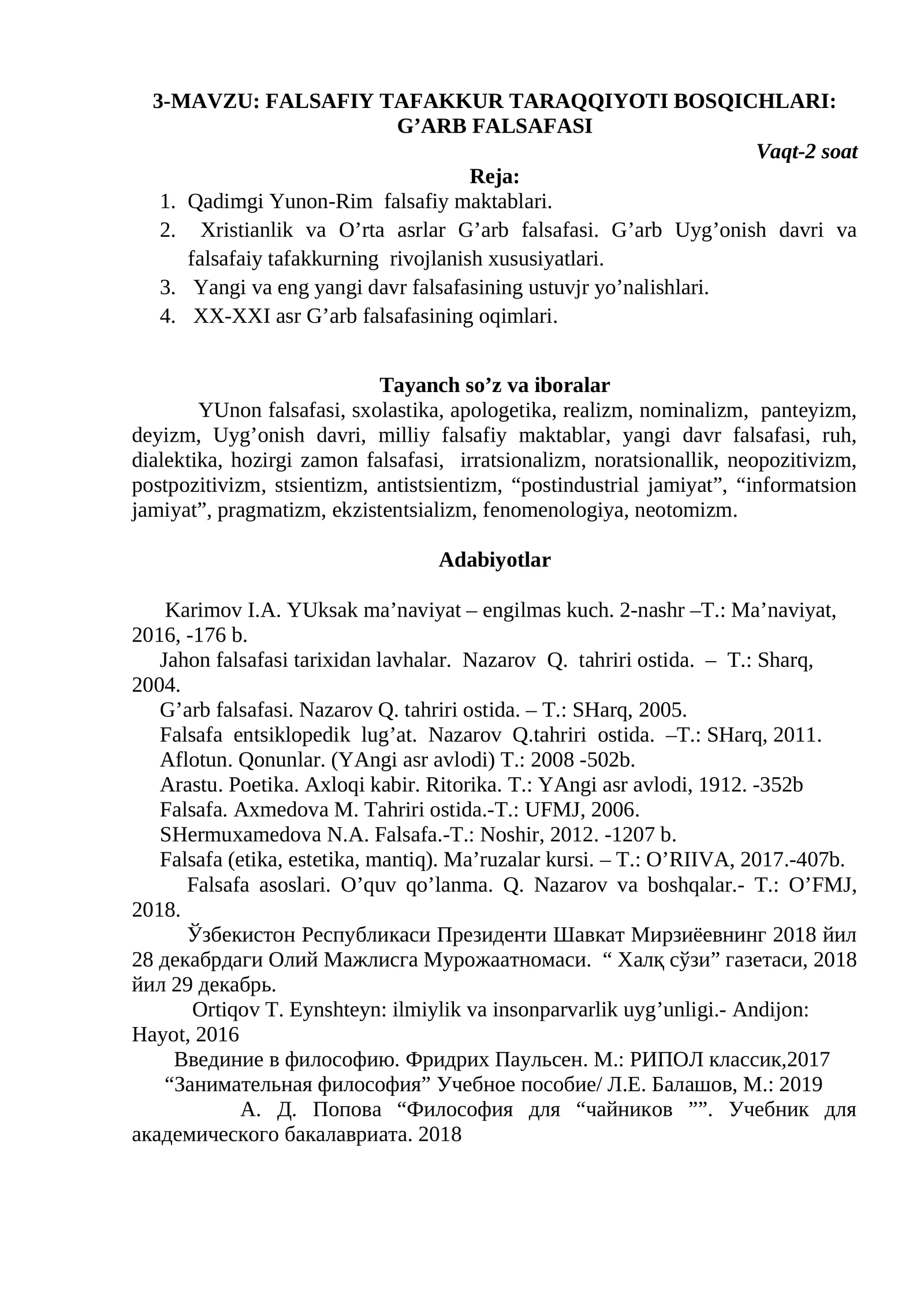 3-MАVZU: FАLSАFIY TАFАKKUR TАRАQQIYOTI BОSQICHLАRI