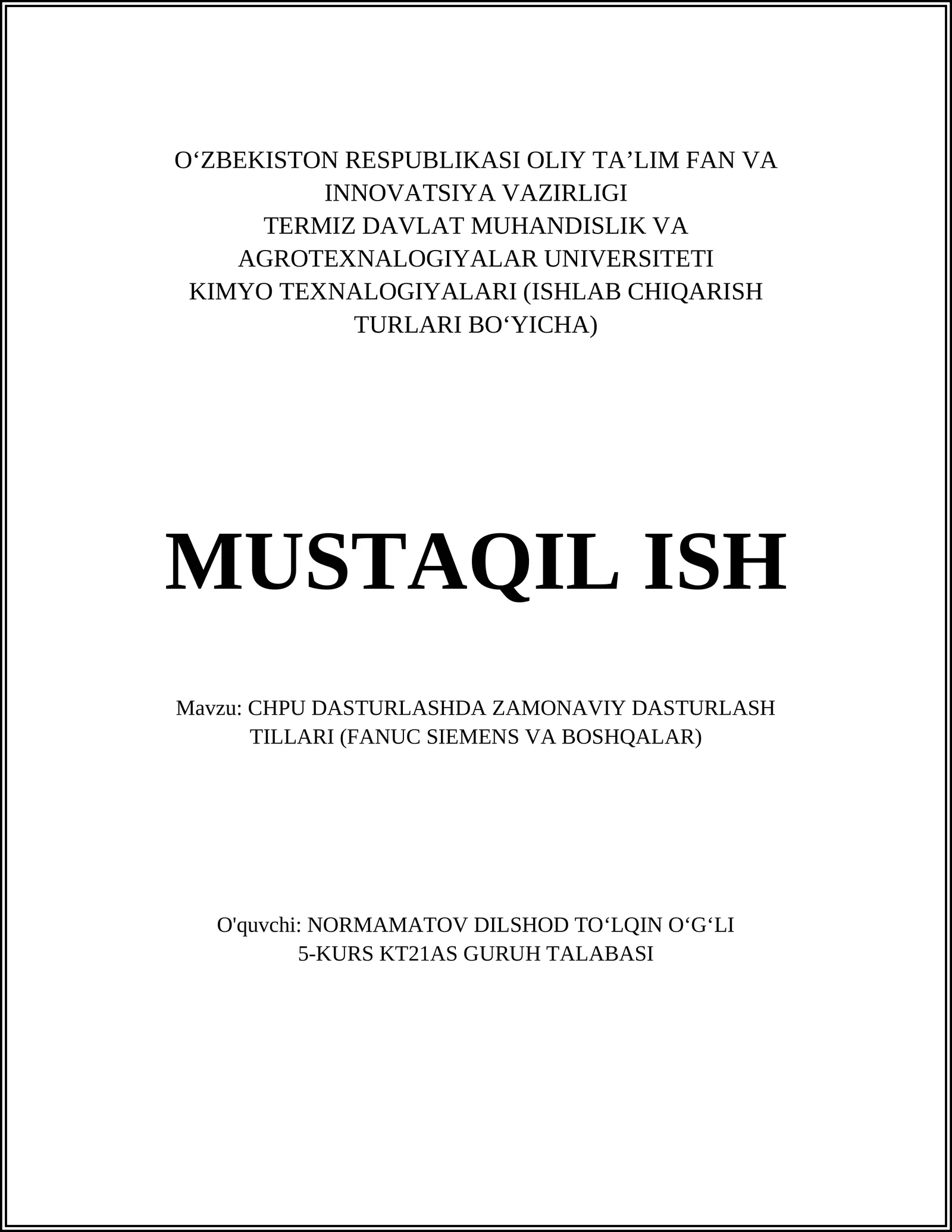 CHPU DASTURLASHDA ZAMONAVIY DASTURLASH TILLARI (FANUC SIEMENS VA BOSHQALAR)