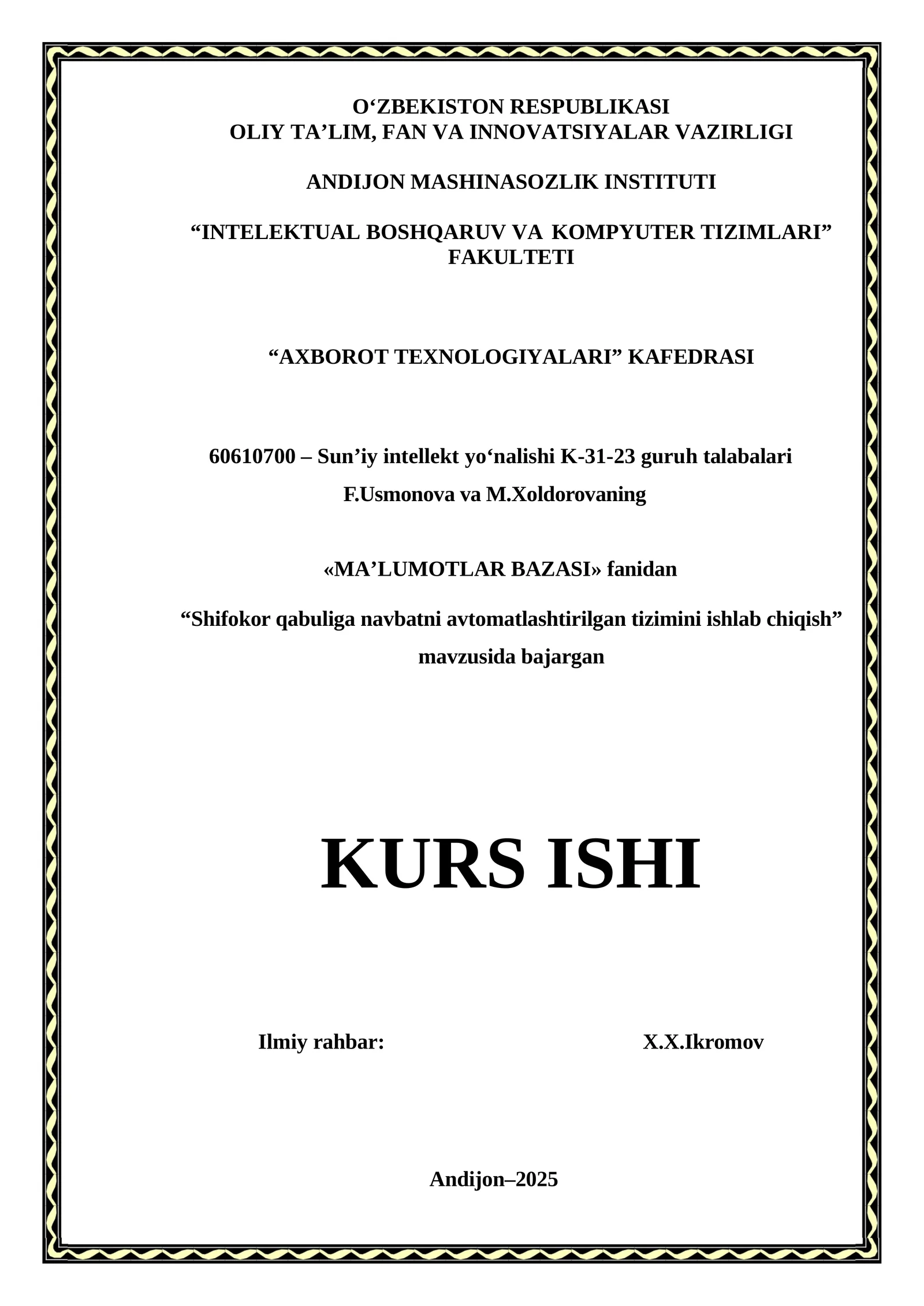 Shifokor qabuliga navbatni avtomatlashtirilgan tizimini ishlab chiqish