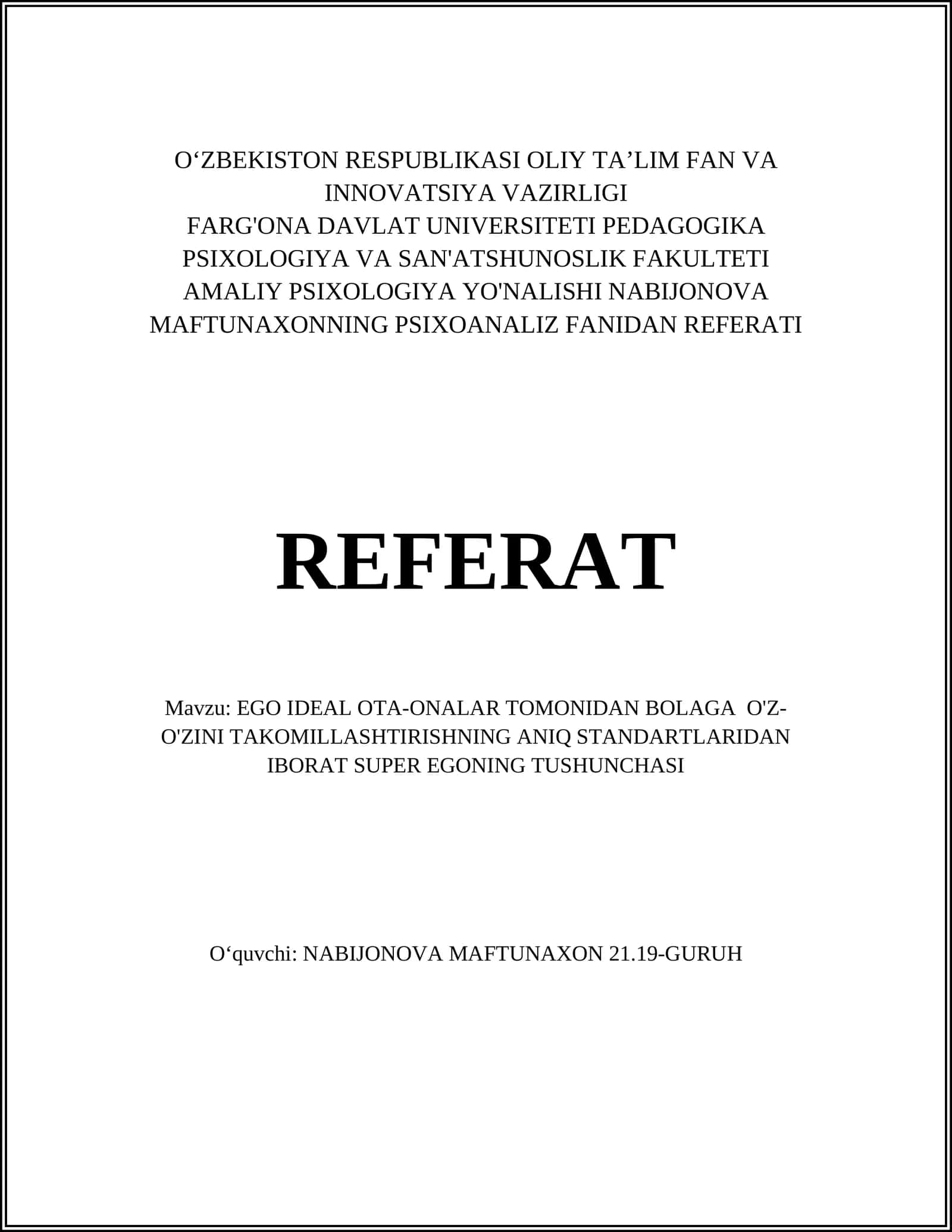 NABIJONOVA MAFTUNAXONNING PSIXOANALIZ FANIDAN REFERATI