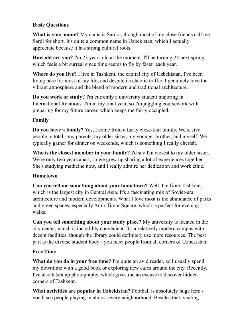 English speaking part 1 Questions and Answers