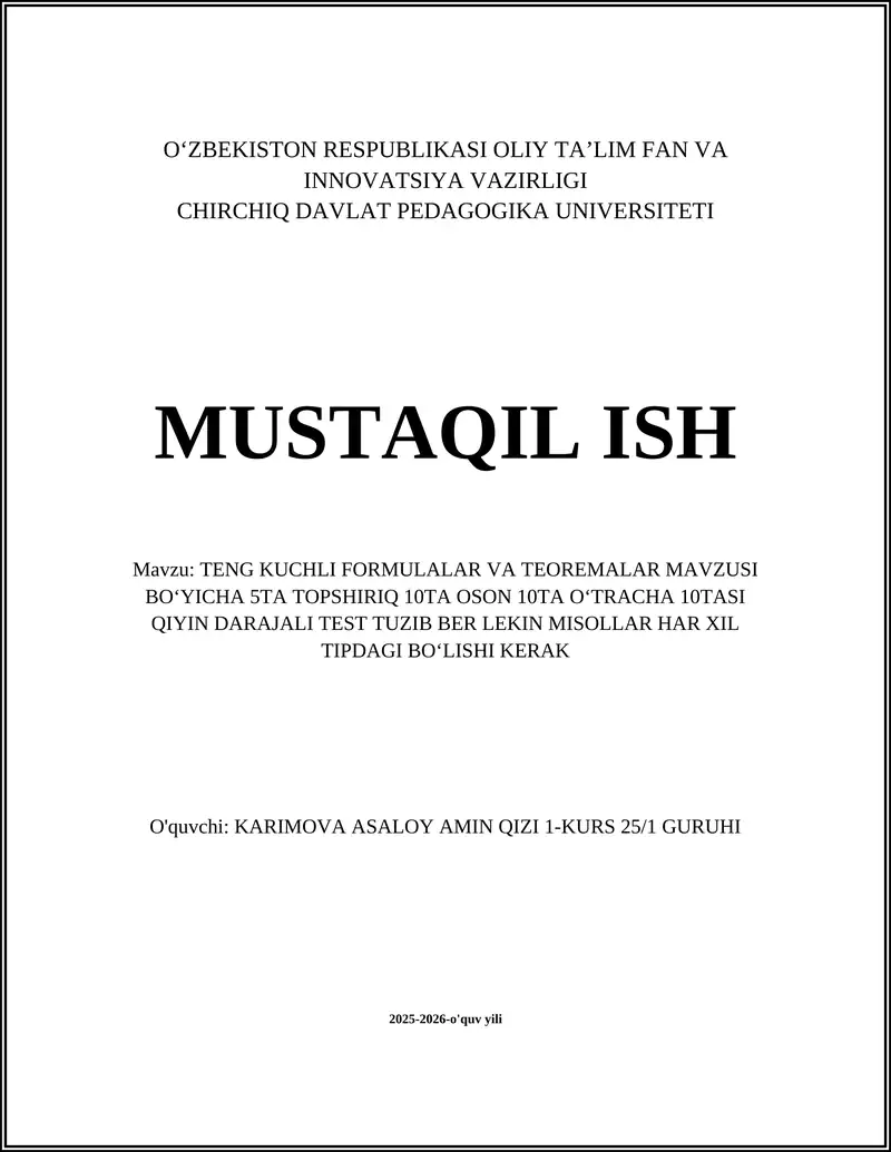 TENG KUCHLI FORMULALAR VA TEOREMALAR MAVZUSI