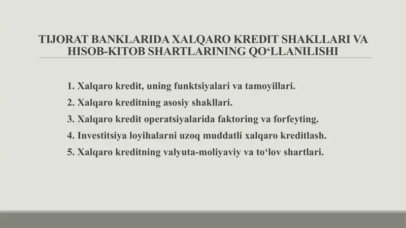 TIJORAT BANKLARIDA XALQARO KREDIT SHAKLLARI VA HISOB-KITOB SHARTLARINING QО‘Llanilishhi