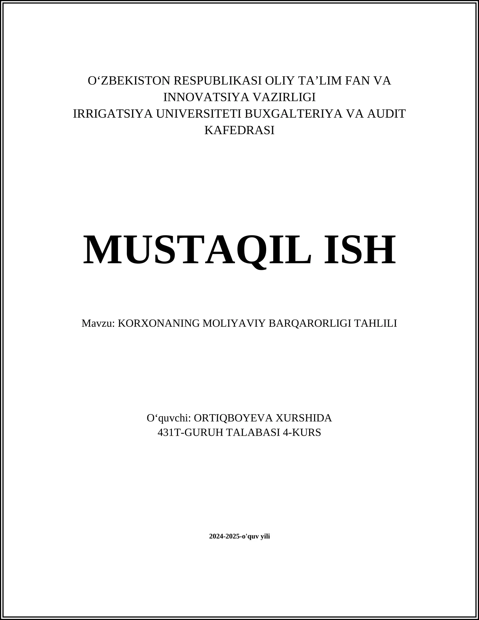 KORXONANING MOLIYAVIY BARQARORLIGI TAHLILI