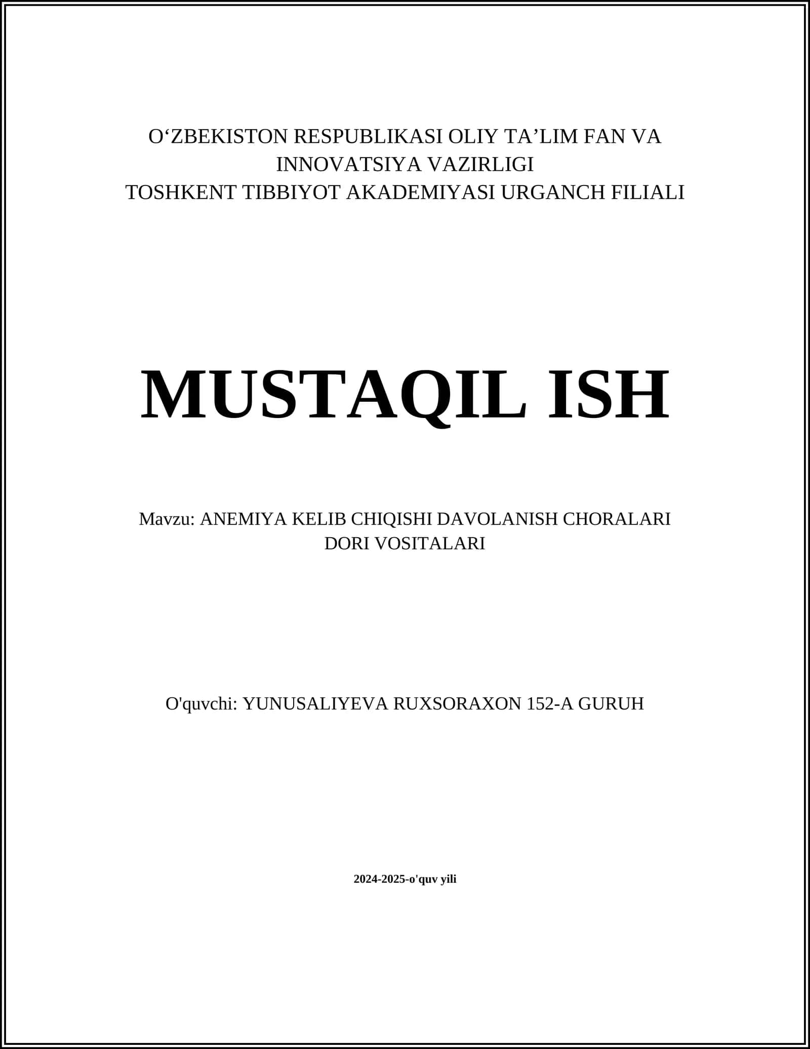 ANEMIYA KELIB CHIQISHI DAVOLANISH CHORALARI DORI VOSITALARI