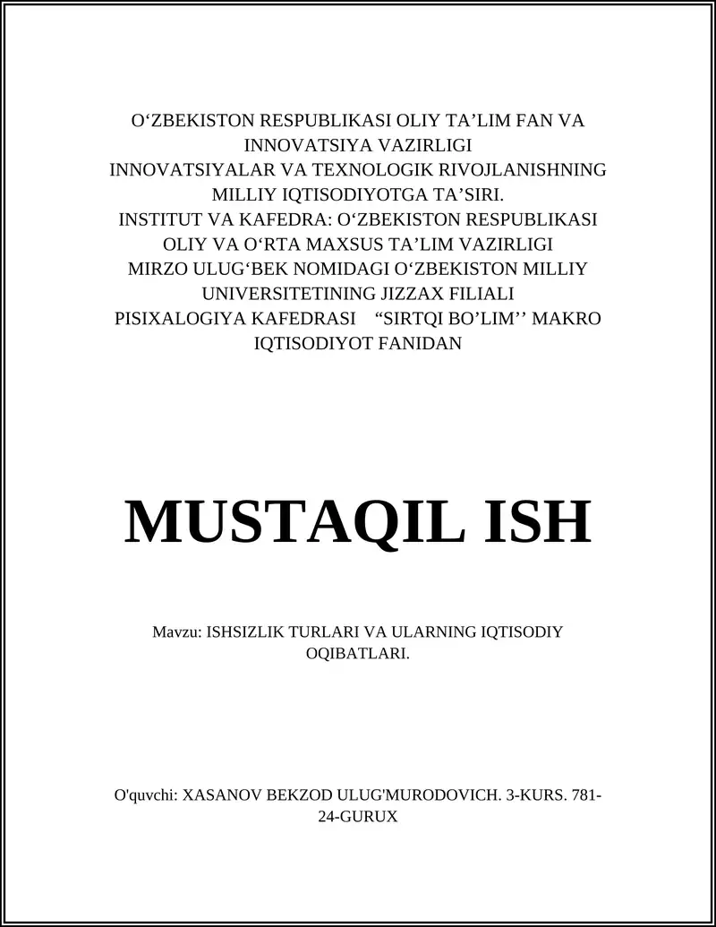 ISHSIZLIK TURLARI VA ULARNING IQTISODIY OQIBATLARI