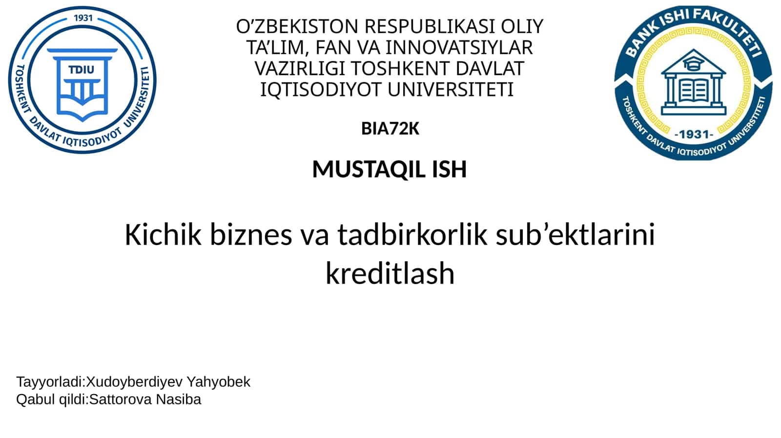 Kichik biznes va tadbirkorlik sub’ektlarini kreditlash