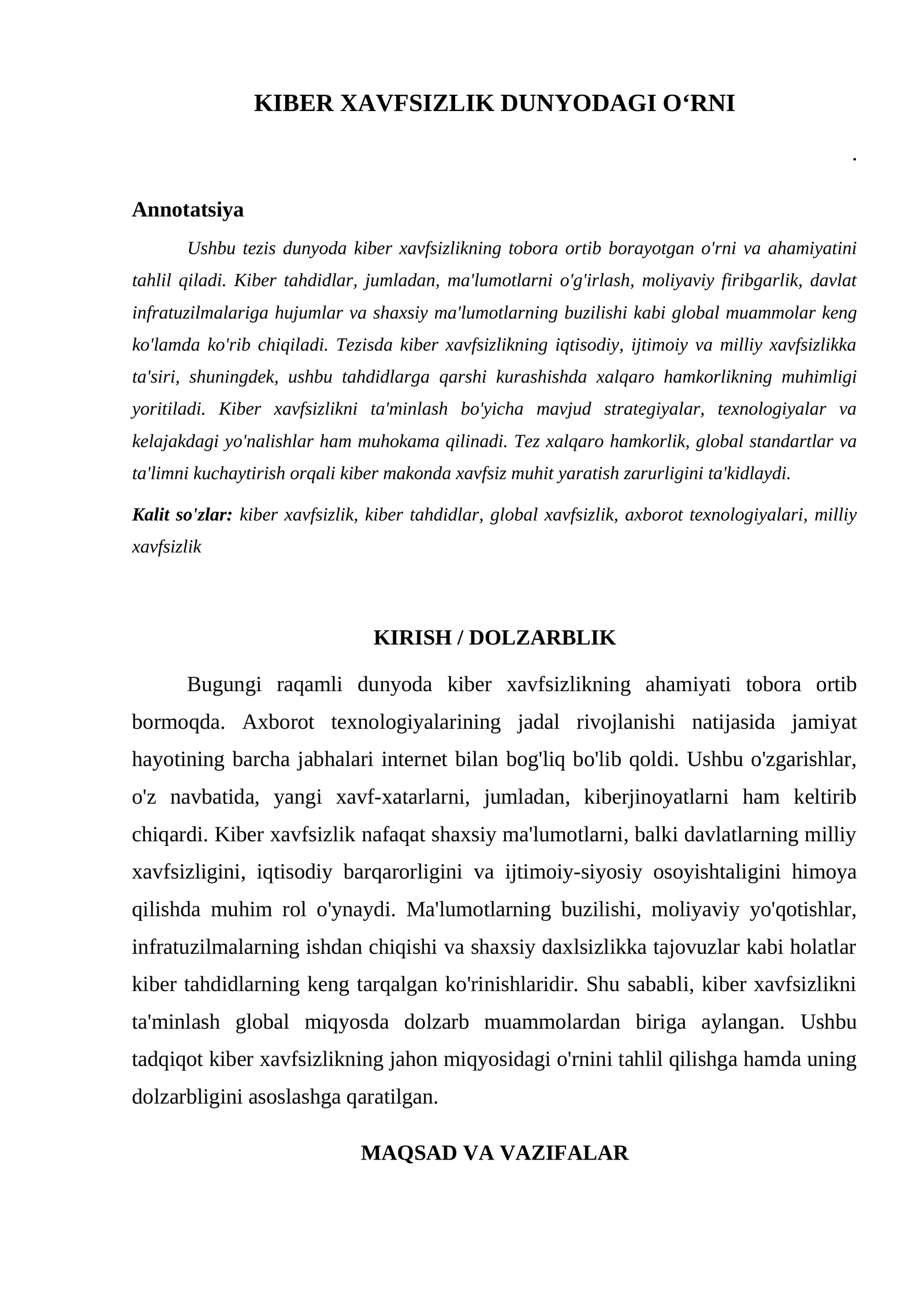 KIBER XAVFSIZLIK DUNYODAGI OʻRNI