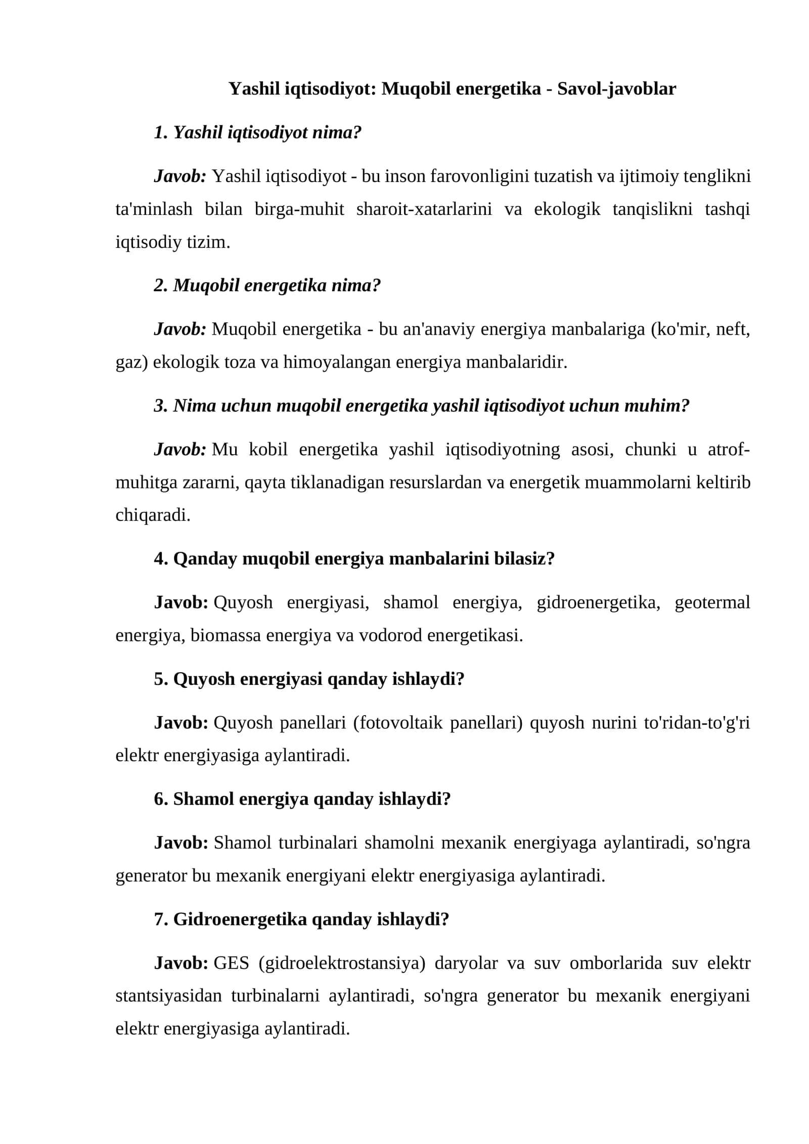 Yashil iqtisodiyot: Muqobil energetika - Savol-javoblar