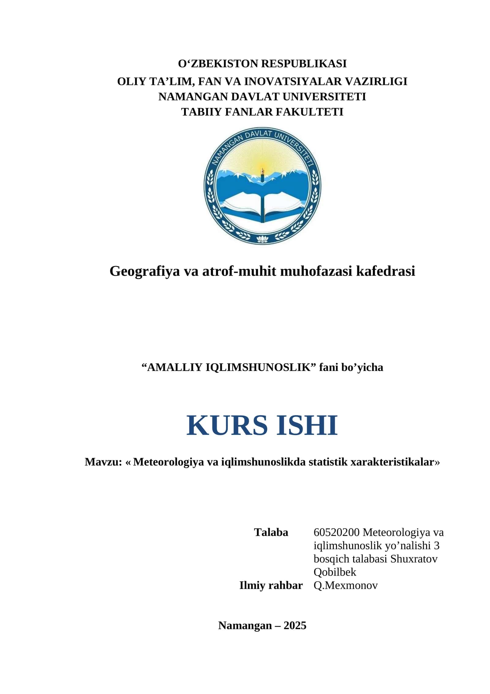 Meteorologiya va iqlimshunoslikda statistik xarakteristikalar
