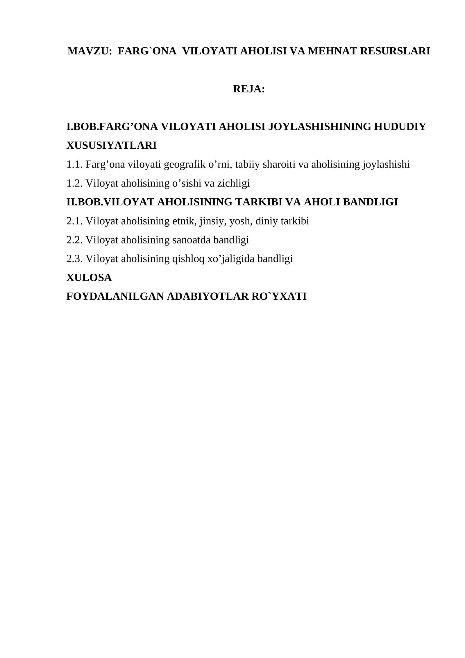 FARG`ONA VILOYATI AHOLISI VA MEHNAT RESURSLARI