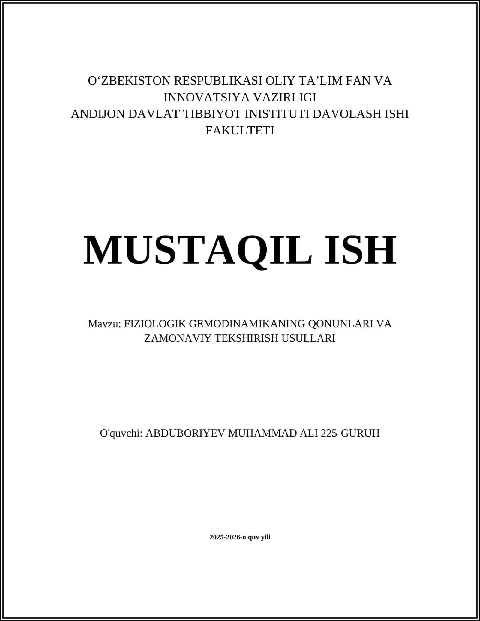 FIZIOLOGIK GEMODINAMIKANING QONUNLARI VA ZAMONAVIY TEKSHIRISH USULLARI